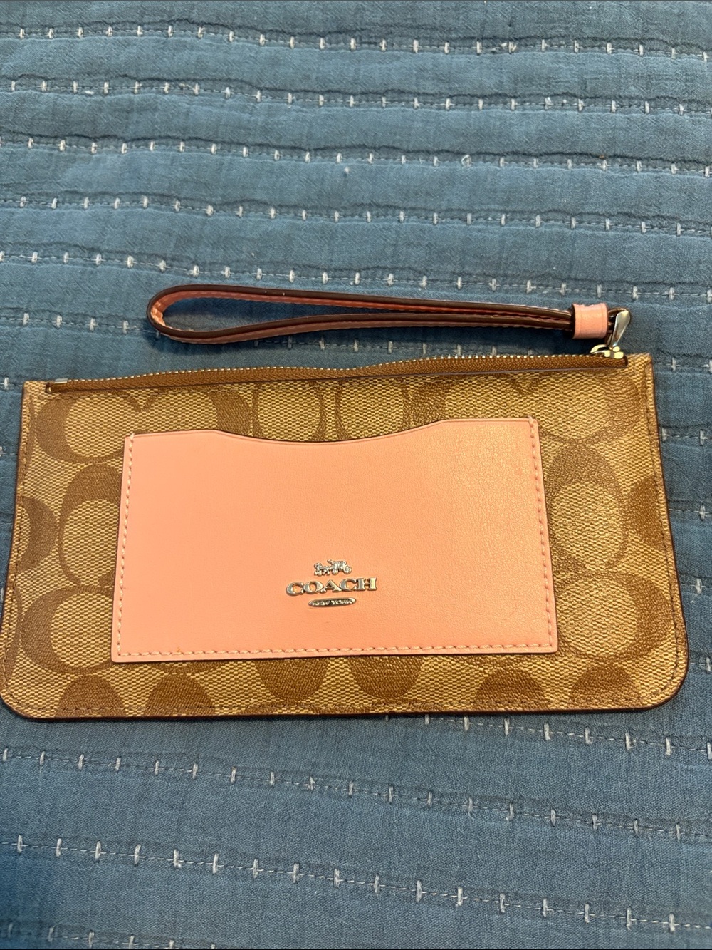 Coach Brown Signature Canvas Wristlet with Pink Pocket